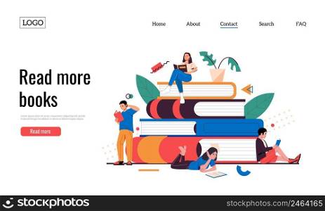 Persons with books landing. Web site template with cartoon young characters reading books. Vector self education web page. Literature lovers studying in library, getting knowledge or information. Persons with books landing. Web site template with cartoon young characters reading books. Vector self education web page