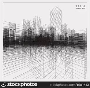 Perspective 3D render of building wireframe. Abstract wireframe city background of building. Vector illustration.