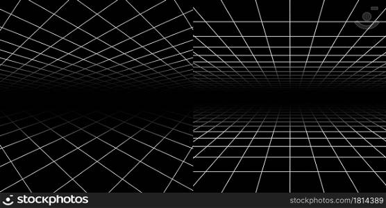Perspective grids. Geometric lines 3d, architecture background. Floor ceiling textures vector background. Perspective geometric background, abstract decoration architecture to discotheque illustration. Perspective grids. Geometric lines 3d effect, architecture background. Floor ceiling textures, digital vector background
