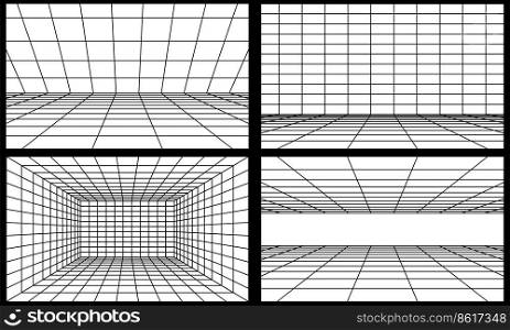Perspective room with black grid. Set 3D linear floor and empty interior dimension. Virtual studio wireframe design collection. Simple cyber space frame and geometric square wire vector illustration