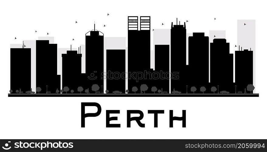 Perth City skyline black and white silhouette. Vector illustration. Simple flat concept for tourism presentation, banner, placard or web site. Business travel concept. Cityscape with landmarks