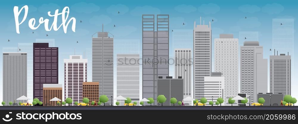 Perth skyline with grey buildings and blue sky. Vector illustration