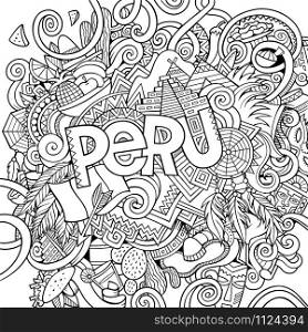 Peru country hand lettering and doodles elements and symbols background. Vector hand drawn sketchy illustration. Peru hand lettering and doodles elements background