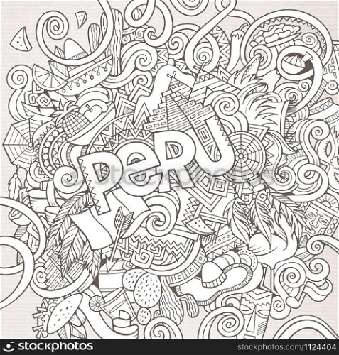 Peru country hand lettering and doodles elements and symbols background. Vector hand drawn sketchy illustration. Peru hand lettering and doodles elements background
