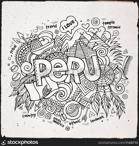 Peru hand lettering and doodles elements background. Vector illustration. Peru hand lettering and doodles elements background
