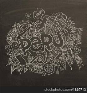 Peru hand lettering and doodles elements chalkboard background. Vector illustration. Peru hand lettering and doodles elements