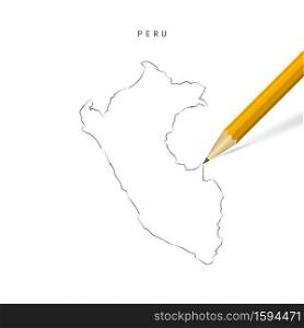 Peru sketch outline map isolated on white background. Empty hand drawn vector map of Peru. Realistic 3D pencil with soft shadow.. Peru freehand sketch outline vector map isolated on white background