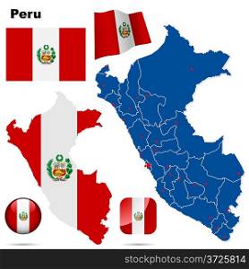 Peru vector set. Detailed country shape with region borders, flags and icons isolated on white background.