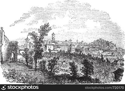 Perugia in Umbria, Italy, during the 1890s, vintage engraving. Old engraved illustration of Perugia with trees in front.