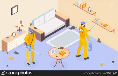 Pest control background with desinfection and incecticide symbols isometric vector illustration
