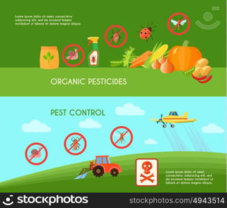 Pest Control Banners Set. Pest control horizontal banners set with organic pesticides symbols flat isolated vector illustration