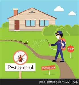 Pest control concept vector in flat design. Man in uniform with face mask spray pesticides from sprayer near house. Chemical treatment against ants, termites, cockroaches, fleas, agricultural pests.. Pest Control Concept Vector In Flat Style Design. Pest Control Concept Vector In Flat Style Design