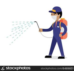 Pest control concept vector in flat style design. Man in uniform with face mask spray pesticides from sprayer on back. Chemical treatment against termites, cockroaches, fleas, agricultural pests.. Pest Control Concept Vector In Flat Style Design. Pest Control Concept Vector In Flat Style Design