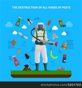 Pest control concept with insects exterminator silhouette flat vector illustration. Pest Control Concept