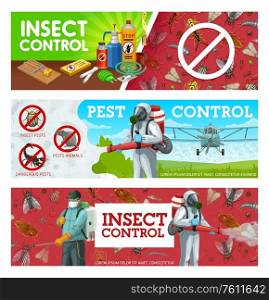 Pest control, disinfestation and deratization sanitary service vector banners. Aerial pest control, agriculture insecticide, domestic disinfection and fumigation of bugs, rodents and insects. Insects pest control, aerial insecticide service