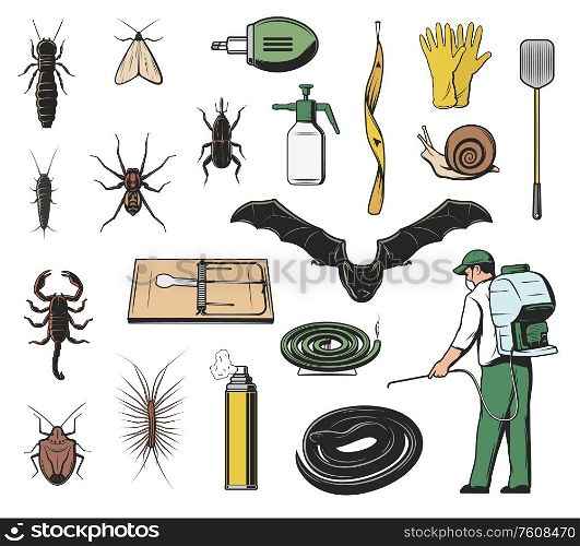 Pest control exterminator, insect, insecticide and rodent vector icons. Scorpion, weevil or snout beetle, bat, snake and spider, moth, snail and termite, mouse trap, fly flapper and repellent spray. Pest insect, insecticide and exterminator icons