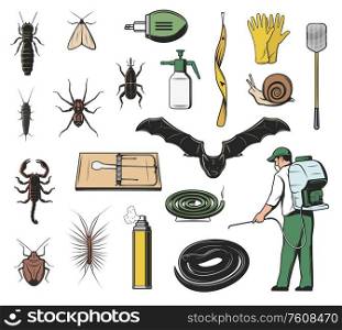 Pest control exterminator, insect, insecticide and rodent vector icons. Scorpion, weevil or snout beetle, bat, snake and spider, moth, snail and termite, mouse trap, fly flapper and repellent spray. Pest insect, insecticide and exterminator icons