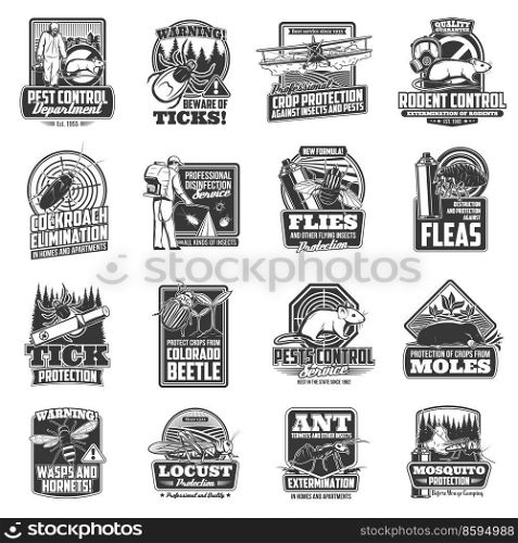 Pest control exterminator, pest bug, insect and rodent animal vector icons. Isolated cockroach, mosquito and ant, pesticide and insecticide spray, flea, fly, tick, mouse and rat monochrome badges. Pest control exterminator, bug and insect icons