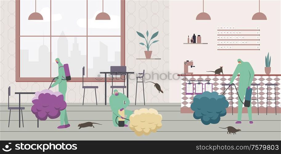 Pest control flat composition with characters of people in chemical protection suits releasing agents onto rats vector illustration