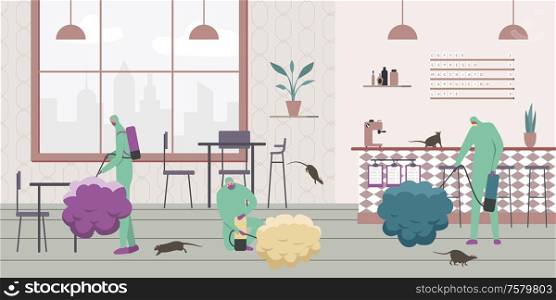 Pest control flat composition with characters of people in chemical protection suits releasing agents onto rats vector illustration