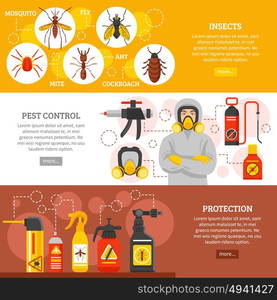 Pest Control Horizontal Banners. Pest control horizontal banners with insects icons repellent spray cans collection exterminator in protective equipment and uniform flat vector illustration