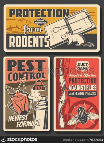 Pest control insects and rodents extermination service, house disinsection. Vector flies, rats, mice and bugs fumigation. Domestic disinfestation, insects and pest control vintage retro posters set. Pest control insects and rodents extermination