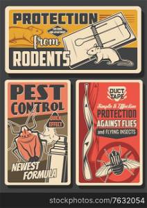 Pest control insects and rodents extermination service, house disinsection. Vector flies, rats, mice and bugs fumigation. Domestic disinfestation, insects and pest control vintage retro posters set. Pest control insects and rodents extermination