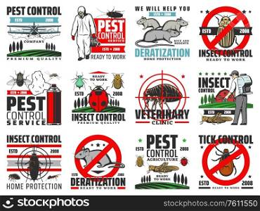 Pest control, insects extermination and rodents deratization service vector icons. Domestic and agriculture pest control, disinfection and fumigation of bugs and ticks, flea, locust and cockroach. Insects pest control, deratization, extermination