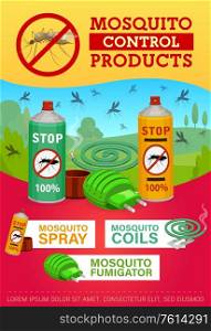 Pest control, mosquito disinsection repellents. Home insects disinsection and health protection. Mosquito fumigation tools, electric repellent, coil spiral and aerosol. Pest control vector poster. Pest control, mosquito disinsection repellents