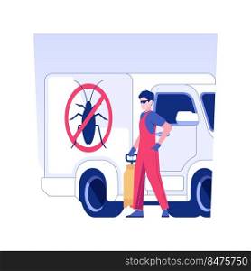 Pest control service isolated concept vector illustration. Smiling pest control service worker with sprayer near truck, private house maintenance, mold extermination vector concept.. Pest control service isolated concept vector illustration.