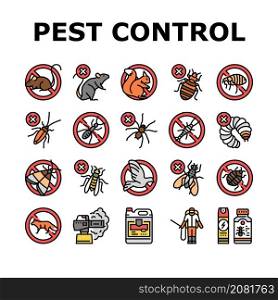 Pest Control Service Treatment Icons Set Vector. Woodworm And Spider, Ant And Rat, Mouse And Silverfish Pest Control With Professional Equipment And Chemical Liquid Or Smoke Line. Color Illustrations. Pest Control Service Treatment Icons Set Vector