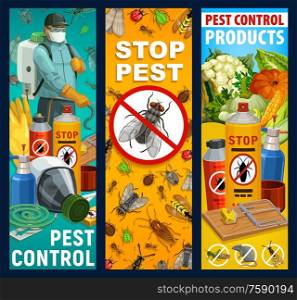 Pest control service vector banners. Insects, exterminator and equipment. Bugs of cockroach, ant and fly, chemical insecticide and pesticide sprayers, mosquito and termite, tick, aphid, mouse trap. Pest control, insects and exterminator banners