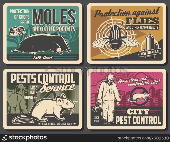 Pest control service, vector retro posters, insects disinsection, rodents extermination and deratization. Agriculture, city and domestic pest control disinfection against moles, rats, mice and flies. Rodents extermination, insects pest control poster
