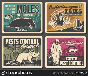 Pest control service, vector retro posters, insects disinsection, rodents extermination and deratization. Agriculture, city and domestic pest control disinfection against moles, rats, mice and flies. Rodents extermination, insects pest control poster