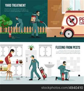 Pest Control Technology Flat Banners Set. Pest control services technology concept 2 flat horizontal banners with professional yard and interior treatment isolated vector illustration