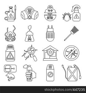 Pest control tools icons set. Outline illustration of 16 pest control tools, vector icons for web. Pest control tools icons set, outline style