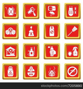 Pest control tools icons set vector red square isolated on white background . Pest control tools icons set red square vector