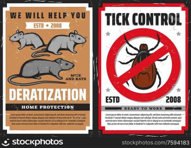 Pest control vector design with rat or mouse and tick with red warning sign. Deratization and mite control retro posters of rodent extermination, disinfection and disinsection services. Rats and tick with warning sign. Pest control