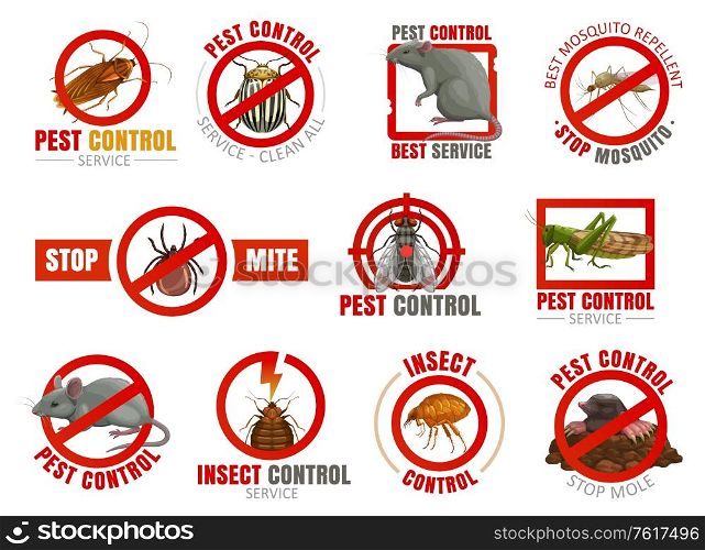 Pest control vector icons with insects and animals. Mosquito, cockroach, mouse and rat, fly, mite or tick, flea, colorado beetle and grasshopper, termite, mole isolated objects of disinfection service. Pest control icons with insects and animals