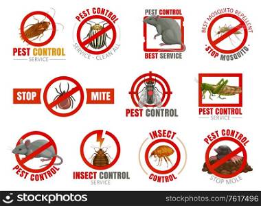 Pest control vector icons with insects and animals. Mosquito, cockroach, mouse and rat, fly, mite or tick, flea, colorado beetle and grasshopper, termite, mole isolated objects of disinfection service. Pest control icons with insects and animals