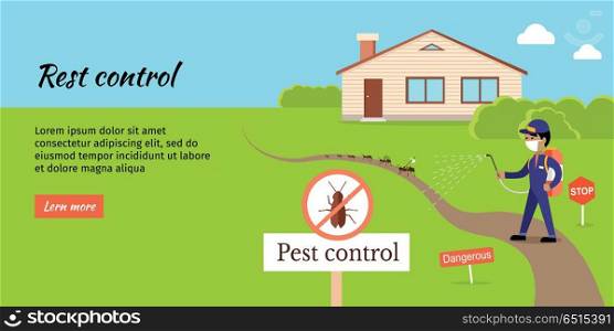 Pest control vector web banner. Flat design. Man in uniform with face mask spray pesticides from sprayer near house. Chemical treatment against ants, termites, cockroaches, fleas, agricultural pests.. Pest Control Vector Web Banner in Flat Design. Pest Control Vector Web Banner in Flat Design