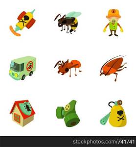 Pest extermination icons set. Cartoon set of 9 pest extermination vector icons for web isolated on white background. Pest extermination icons set, cartoon style