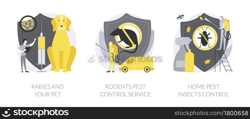 Pest removal abstract concept vector illustration set. Rabies and your pet, rodents pest control service, home pest insects, puppy vaccine, garden protection, house proofing abstract metaphor.. Pest removal abstract concept vector illustrations.