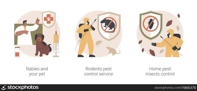 Pest removal abstract concept vector illustration set. Rabies and your pet, rodents pest control service, home pest insects, puppy vaccine, garden protection, house proofing abstract metaphor.. Pest removal abstract concept vector illustrations.