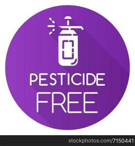 Pesticide free purple flat design long shadow glyph icon. No fungicide, insecticide. Non-toxic, non-chemicals. Product free ingredient. Organic food. Healthy dietary. Vector silhouette illustration
