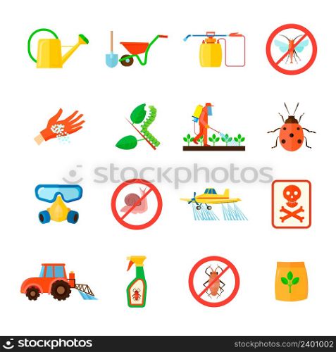 Pesticides and fertilizers icons set with special equipment symbols flat isolated vector illustration. Pesticides Icons Set