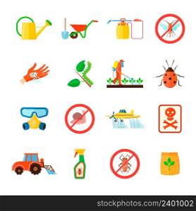 Pesticides and fertilizers icons set with special equipment symbols flat isolated vector illustration. Pesticides Icons Set
