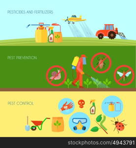 Pesticides Banners Set . Pesticides and fertilizers horizontal banners set with pest control symbols flat isolated vector illustration