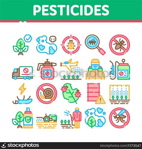 Pesticides Chemical Collection Icons Set Vector Thin Line. Pesticides For Agricultural Field Processing By Plane, Bottle Spray And Equipment Concept Linear Pictograms. Color Contour Illustrations. Pesticides Chemical Collection Icons Set Vector