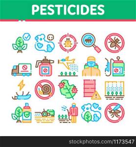 Pesticides Chemical Collection Icons Set Vector Thin Line. Pesticides For Agricultural Field Processing By Plane, Bottle Spray And Equipment Concept Linear Pictograms. Color Contour Illustrations. Pesticides Chemical Collection Icons Set Vector